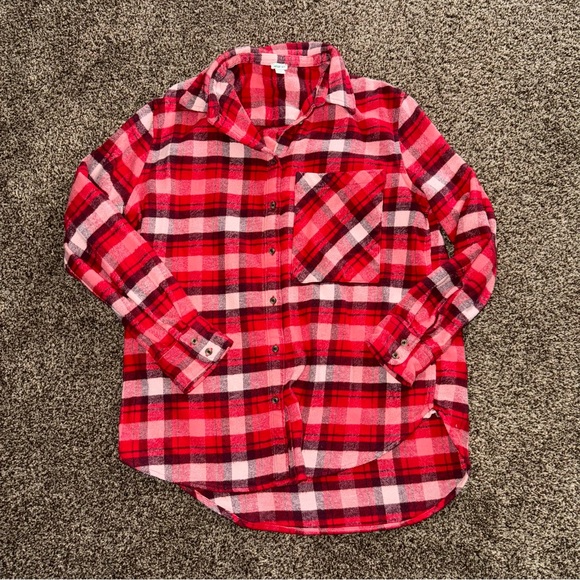 NEW Aerie red pink oversized boyfriend fit plaid flannel shirt - Picture 2 of 3